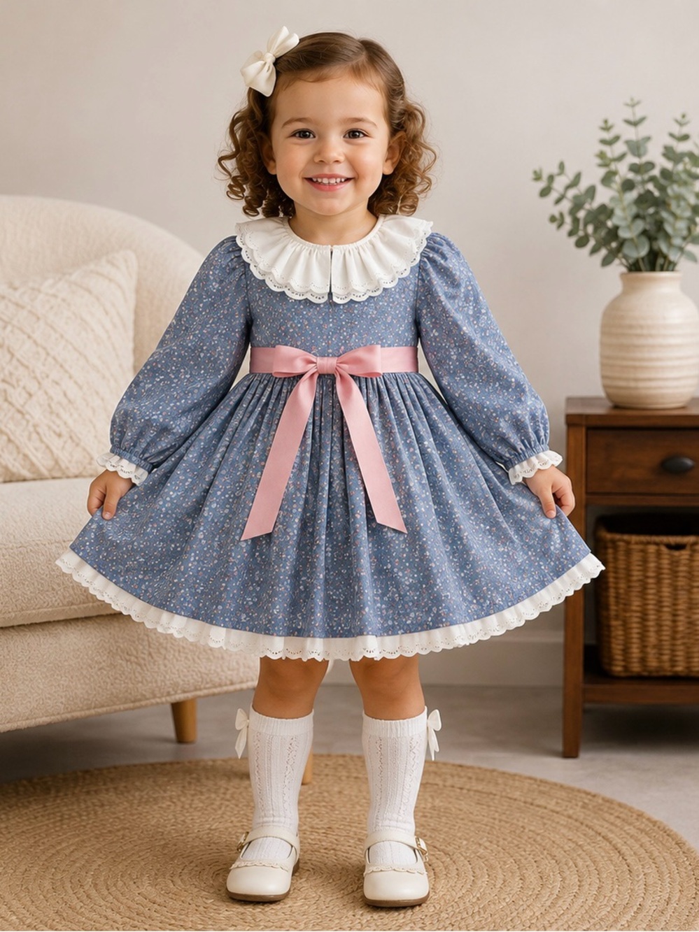 Blue Floral Long-Sleeve Dress with Pink Bow for Kids